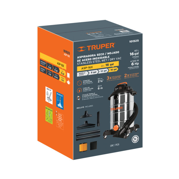Aspiradora de sólidos y líquidos, 16 gal, acero inox - Image 3
