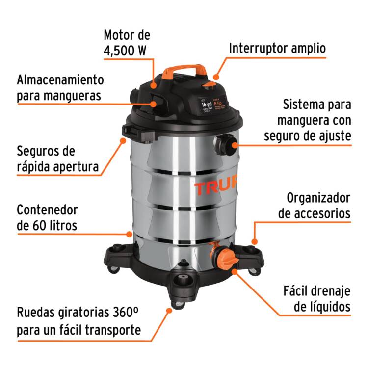 Aspiradora de sólidos y líquidos, 16 gal, acero inox - Image 2