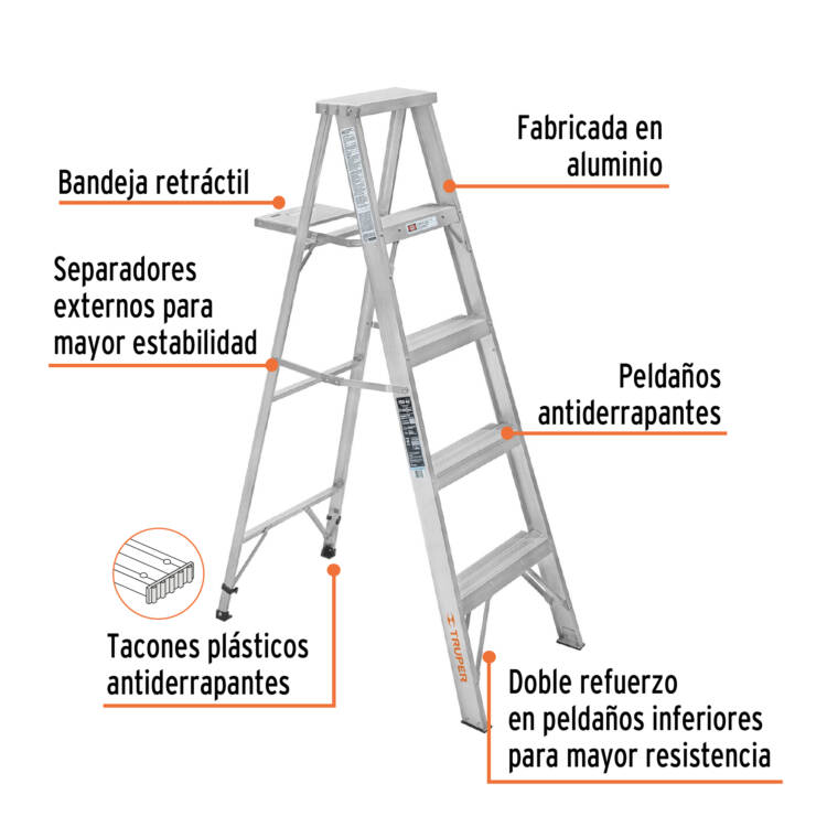 Escalera de tijera tipo III 4 peldaños, 100% aluminio con bandeja - Image 2