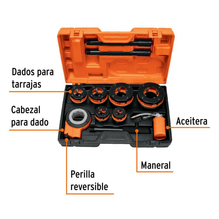 Juego de tarrajas para tubo 9 piezas, de 1/2" a 2", sistema matraca - Image 2