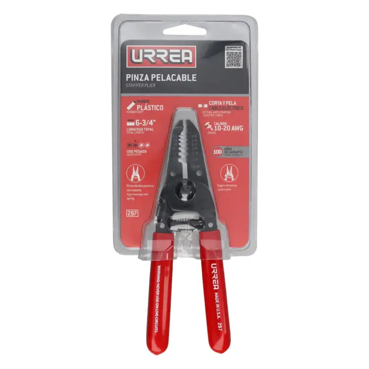 Pinza pelacable con mango air cushion 10-20 AWG de 6-3/4" alta palanca con seguro Urrea